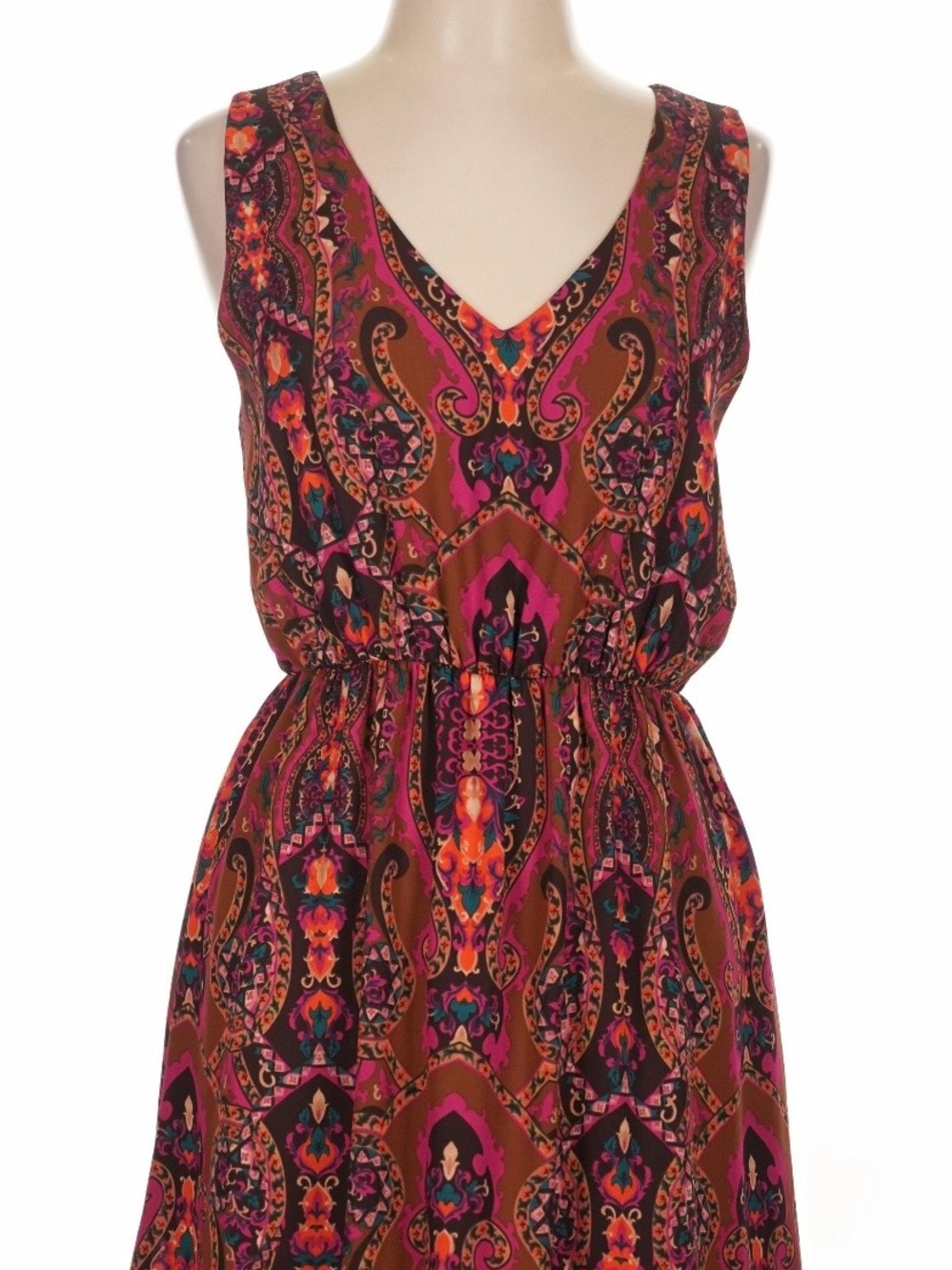 Everly Boho Paisley Dress Size L Pink Orange V-Neck Crisscross Back